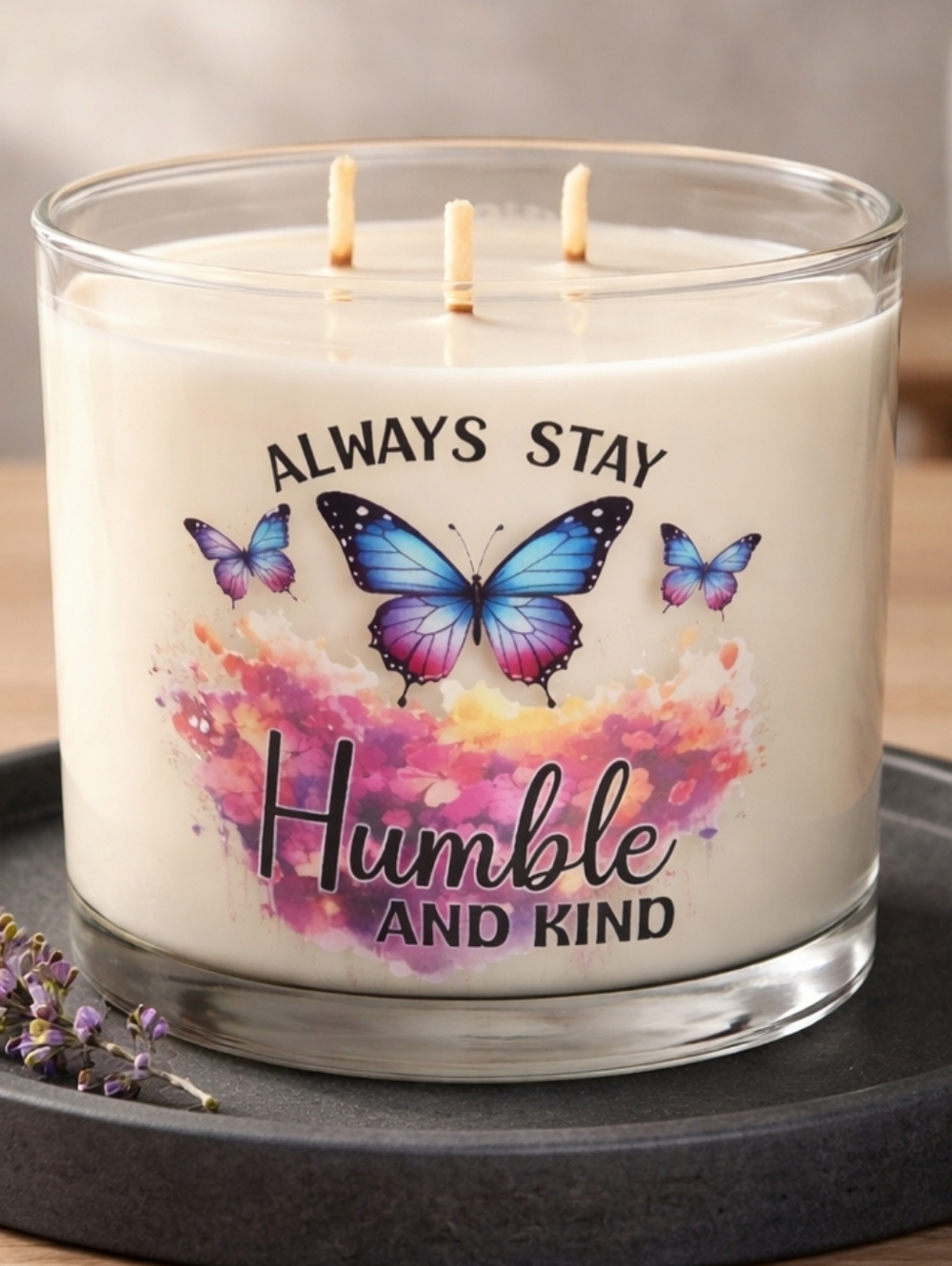 Humble and Kind Scented 3-Wick Glass Candle - White with Butterfly Design